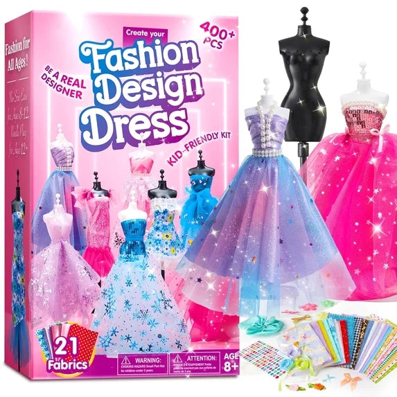 Joyfy Fashion Design Sewing Art and Craft Kit for Girls, DIY Barbie Doll Accessory Handmade Fashion Dress with 3 Mannequins, Valentine's Day Birthday Gift for Girls Age 8+
