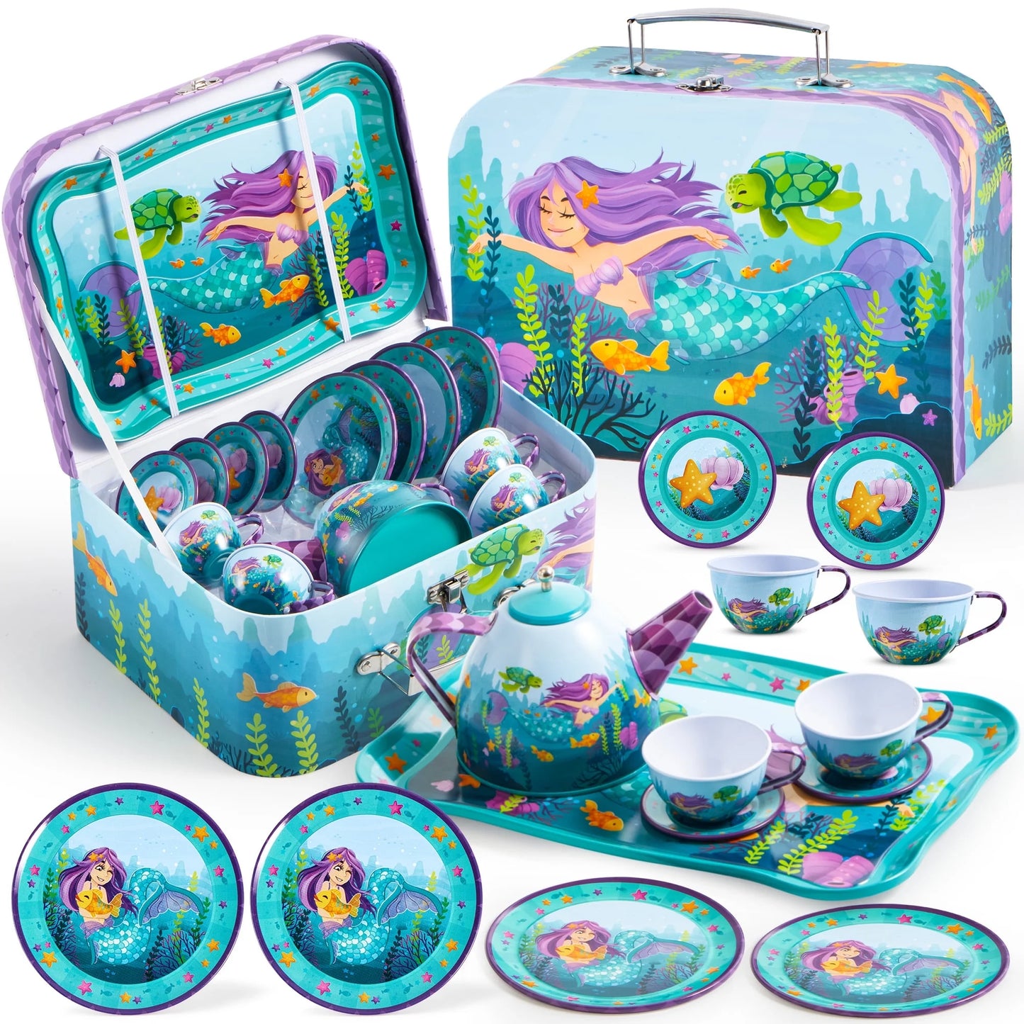 SYNCFUN Kid Tea Set, Mermaid Tea Party Set for Girls, Princess Pretend Play Tin Teapot Set Kitchen Toy for Girls Toddlers 2 3 4 5 6 Years Old