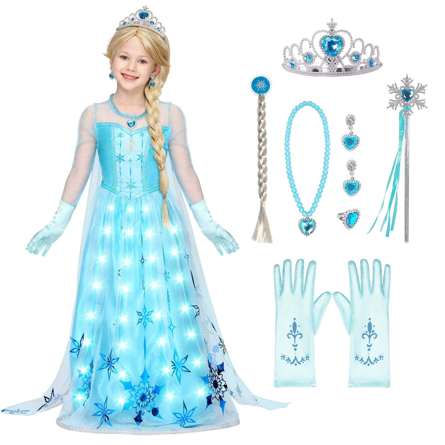 Joyfy Light-Up Ice Princess Dress for Girls, Long Cape Princess Costume Set, Sequin Snow Dress with LED for Kids Toddler Birthday, Cosplay, Halloween Party 3-10 Years