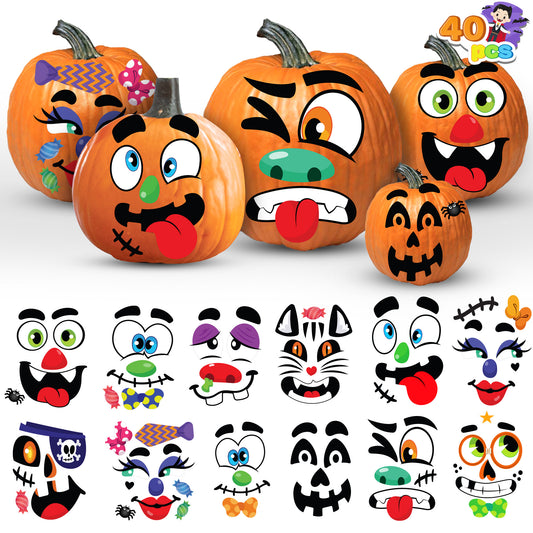 SYNCFUN 40 Pcs Halloween Stickers Pumpkin Decorations Kit with 12 Designs,Pumpkin Face Stickers for Halloween Party Supplies Games,Halloween Crafts for Kids