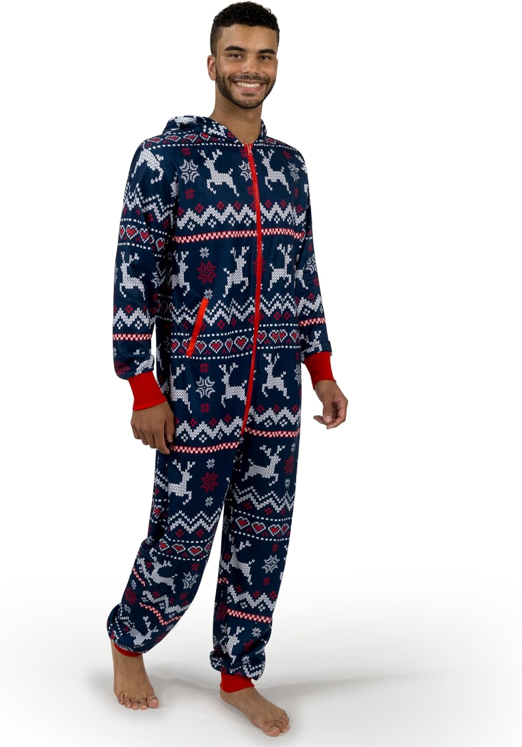 Joyfy Men's Christmas Pajamas,Adult Christmas Hooded One-Piece Pajamas Men's Pajamas Ugly Christmas Sweater One-Piece Jumpsuits
