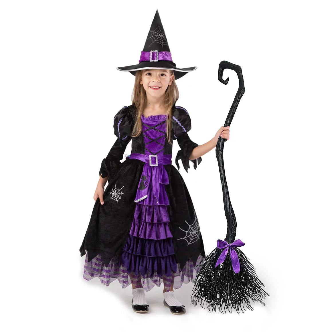 Spooktacular Creations Girls Witch Costume Set With Broom Hat For Kids Cosplay Outfits-XL