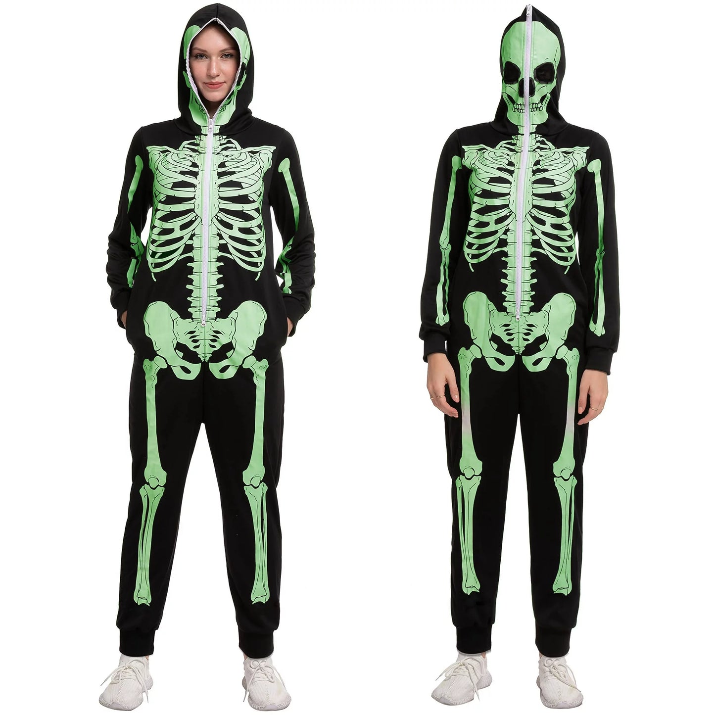 Spooktacular Creations Skeleton Glow Hoodie for Adult, Jumpsuit Pajama Jumpsuit for Halloween Costume for Women, Themed Party Dress UP, L