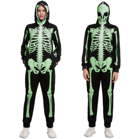 Spooktacular Creations Skeleton Glow Hoodie for Adult, Jumpsuit Pajama Jumpsuit for Halloween Costume for Women, Themed Party Dress UP-XL