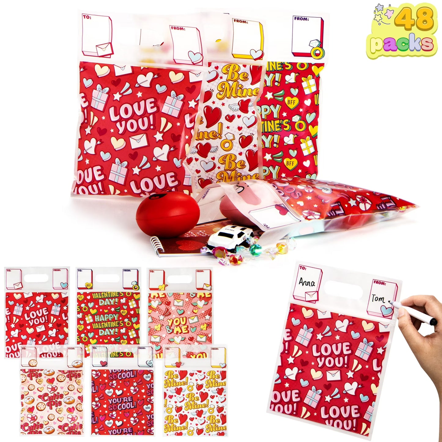 Joyfy 48 Pcs Valentine¡¯s Day Cellophane Gift Bag for Kids,6.5¡Á9inch Valentines Ziplock Bags Valentine Day Goodie Candy Snack Bags with 6 Designs for Kids Classroom Gifts