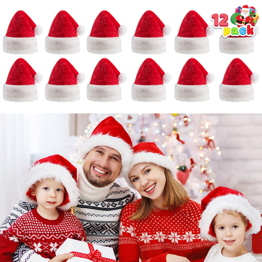 Joyfy 12 Pack Santa Hat,12.5 x 20 Inch Santa Hats for Adults Christmas Hats Plush Red Velvet Santa Hats Bulk for Adults Men Women Kids Christmas Party Favors Holiday Props