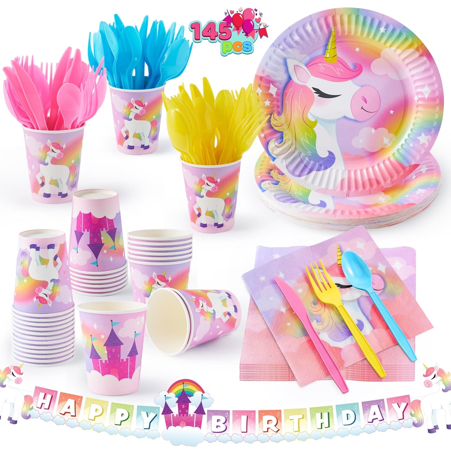 Syncfun 145 Pcs Unicorn Party Supplies with Unicorn Banner for Girls Birthday Party, 24 Serves Disposable Tableware Set for Unicorn Themes Party Kids Age 2 3 4 5 6 7 8