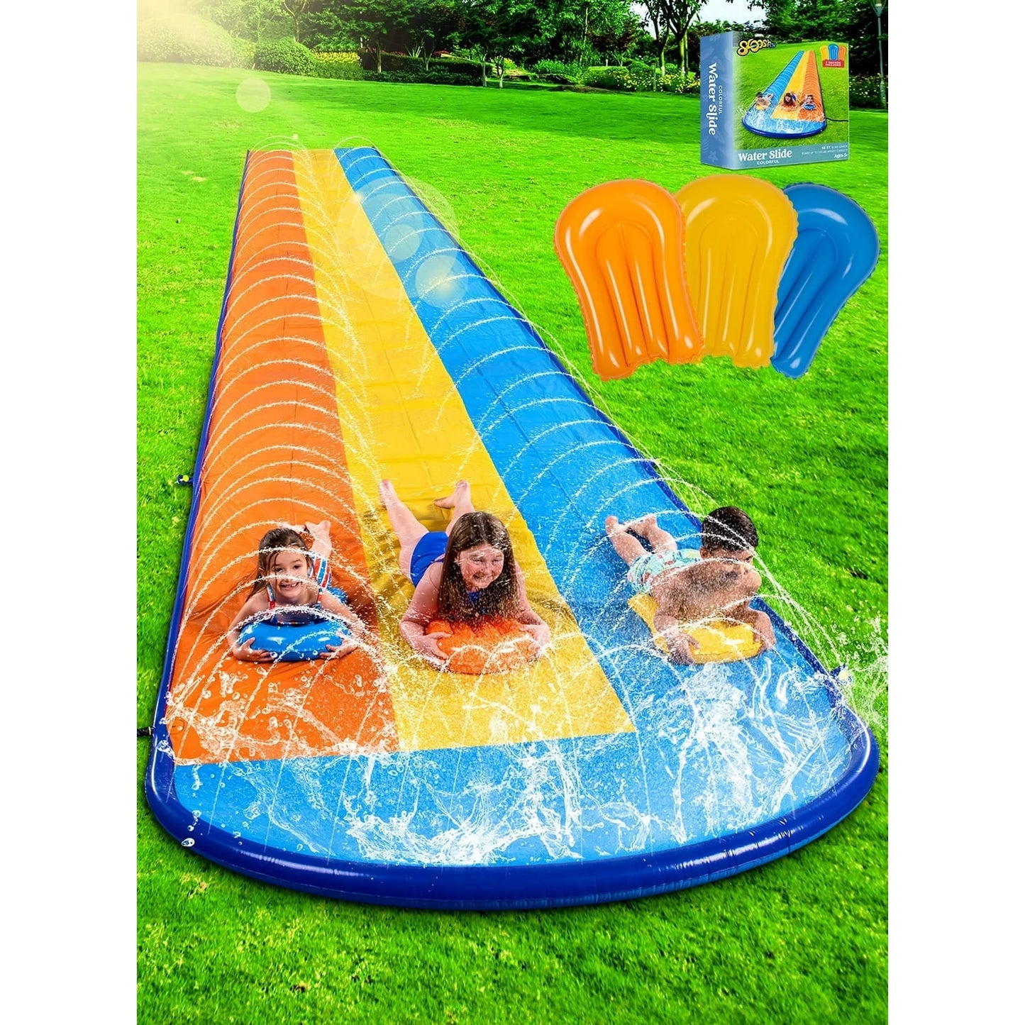 Syncfun 18ft Triple Water Slide and 3 Inflatable Boards, Backyard Lawn Water Slides with Outdoor Slip Sprinkler, Summer Water Fun Toy for Kids Adults