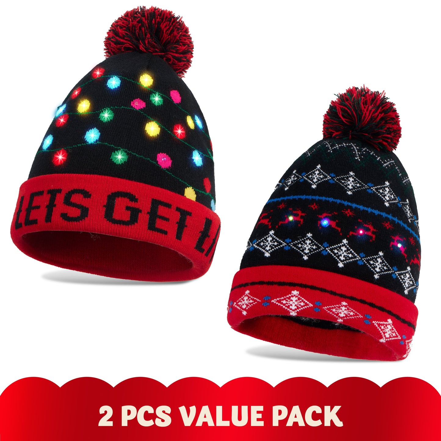 Joyfy 2 Pack LED Christmas Hat,Light Up Ugly Christmas Beanies for Adults,Mens Gifts for Christmas,Funny Hats Christmas Party Favors (Battery Included with 3 Flashing Modes)