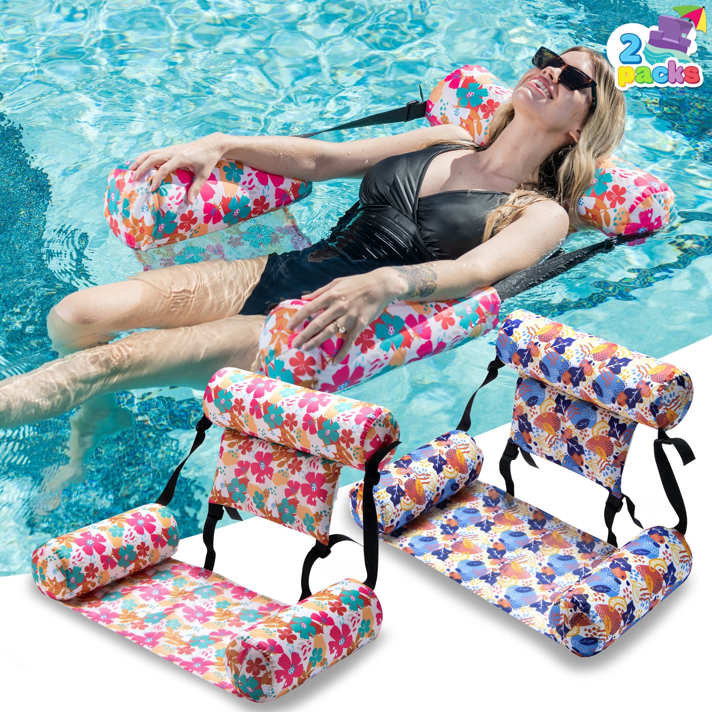 Syncfun 2 Packs Pool Float Hammock Chairs for Adults, Flower Printed Water Floating Pool Chair, Inflatable Pool Lounge Chair for Summer Outdoor Beach Party