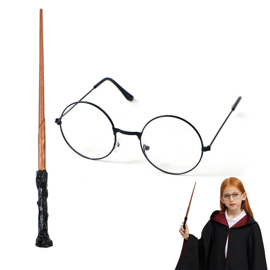 SYNCFUN 2 Pcs Halloween Wizard Costume Accessories Set with Black Nerd Circle Glasses and Novelty Witch Magic Wands,Cosplay Accessories for Kids and Adults Dress Up