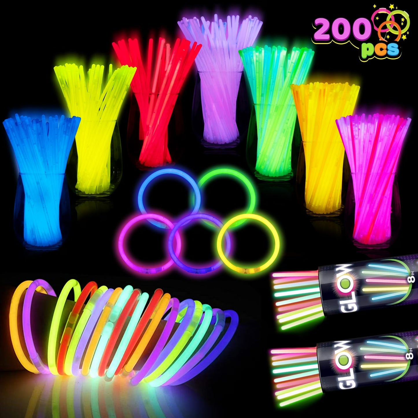 Joyfy 200 Pcs Glow Sticks Bulk 8" Bracelets Necklaces Glow in the Dark Glowsticks Super Bright Light Up Party Favors for Halloween Christmas Easter