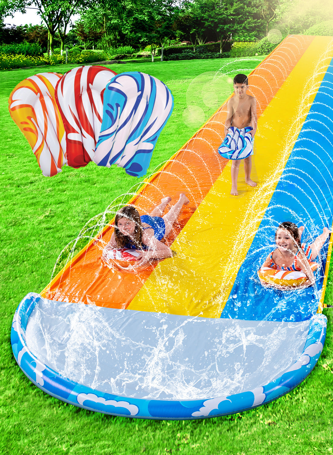 Syncfun 22.5ft Triple Water Slide and 3 Inflatable Boards, Backyard Summer Lawn Water Slides Waterslide and Slip Sprinkler Water Toy for Kids Adults Outdoor Fun
