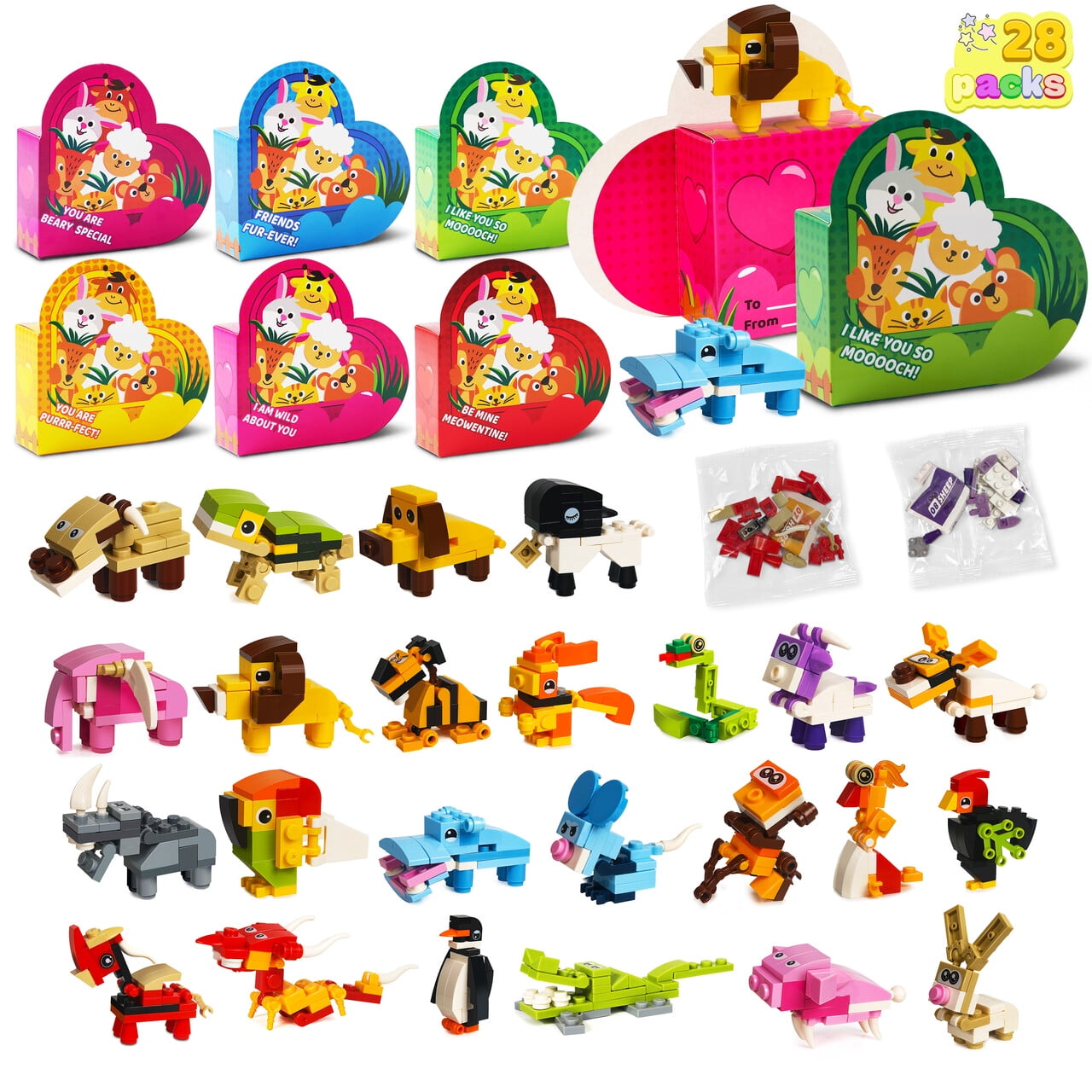 24 Pcs Valentines Day Cards With Animals Building Blocks for Kids, Building count Blocks with Heart Shaped Boxes, Valentines School Class Exchange Card Gifts Boys Girls, Award Party Favors