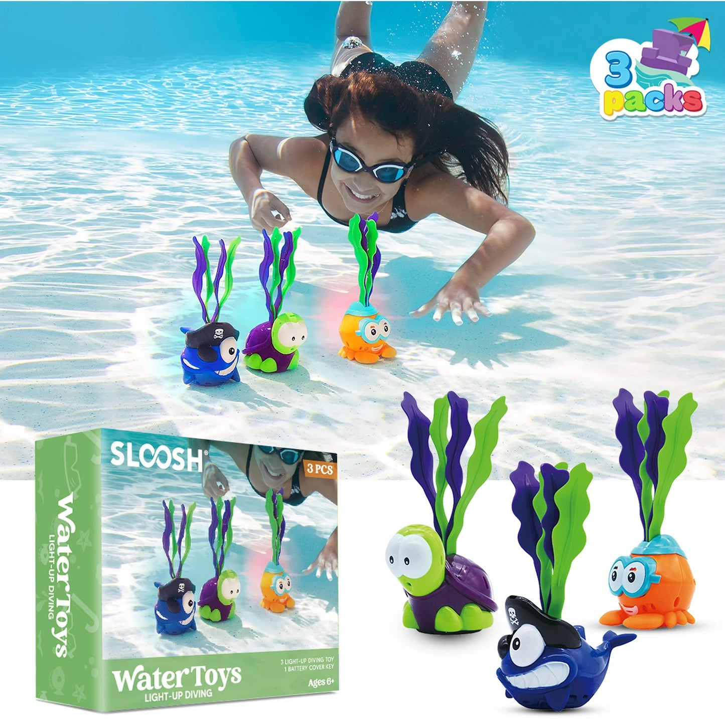 Syncfun 3 Pack Light-up Diving Pool Toys Set, Animals Seaweed Water Wiggler Dive Toys, Summer Swimming Pool Toy for Kids