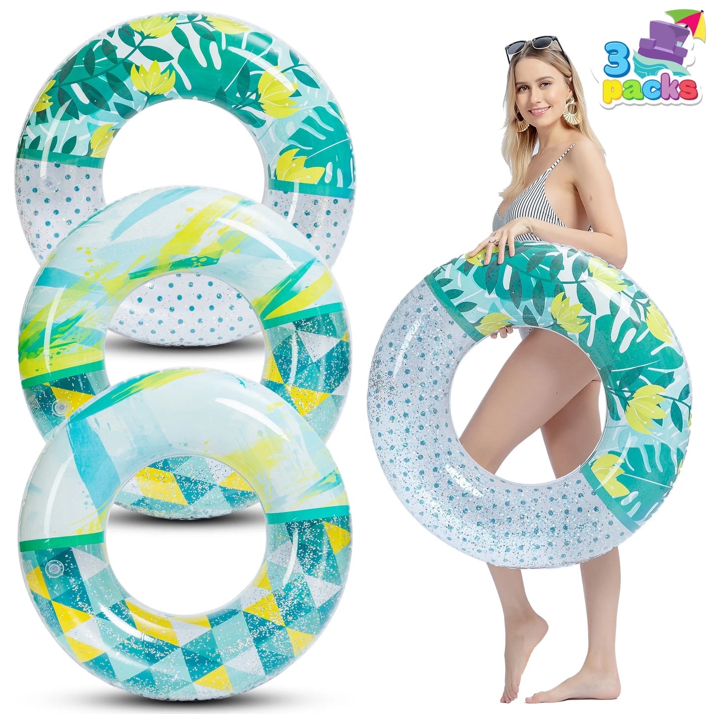Syncfun 3 Packs 32.5'' Inflatable Swim Tube Pool Float with Glitters for Kids Adults Age 9 & up