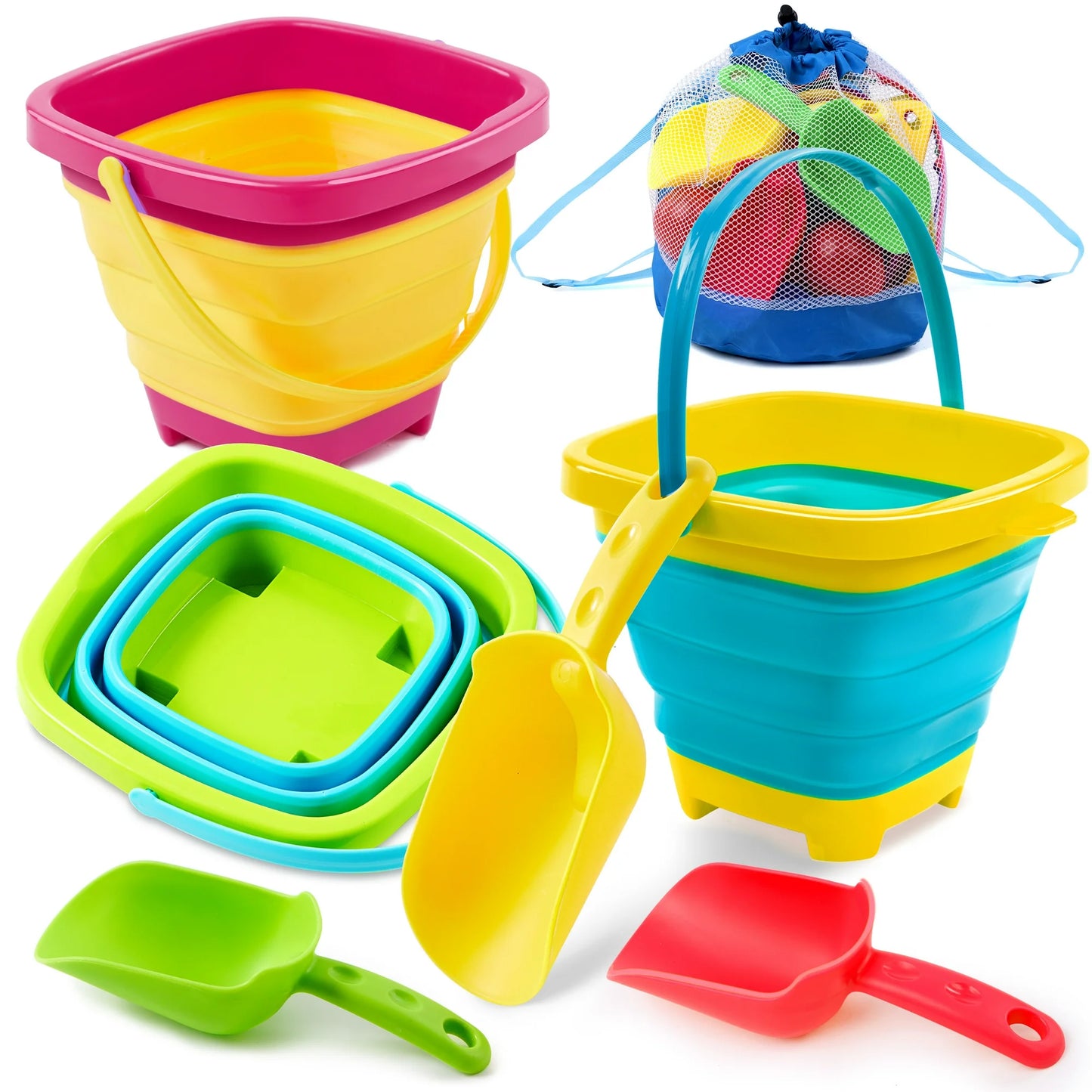 Syncfun 3 Packs Collapsible Bucket with Shovels & Mesh Bag, Multi-Purpose Kids sand toys for Beach, Camping Gear, Beach Parties, and Fun Summer Activities