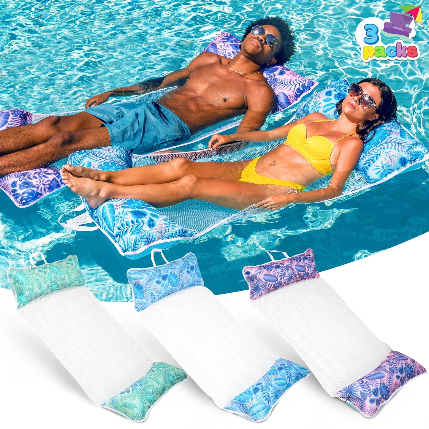Syncfun 3 Packs Inflatable Pool Float Hammock, 4 in 1 Pool Floaties for Adults, Swimming Pool Accessories (Saddle, Lounge Chair, Hammock, Drifter) for Pool, Lake, Outdoor, Beach