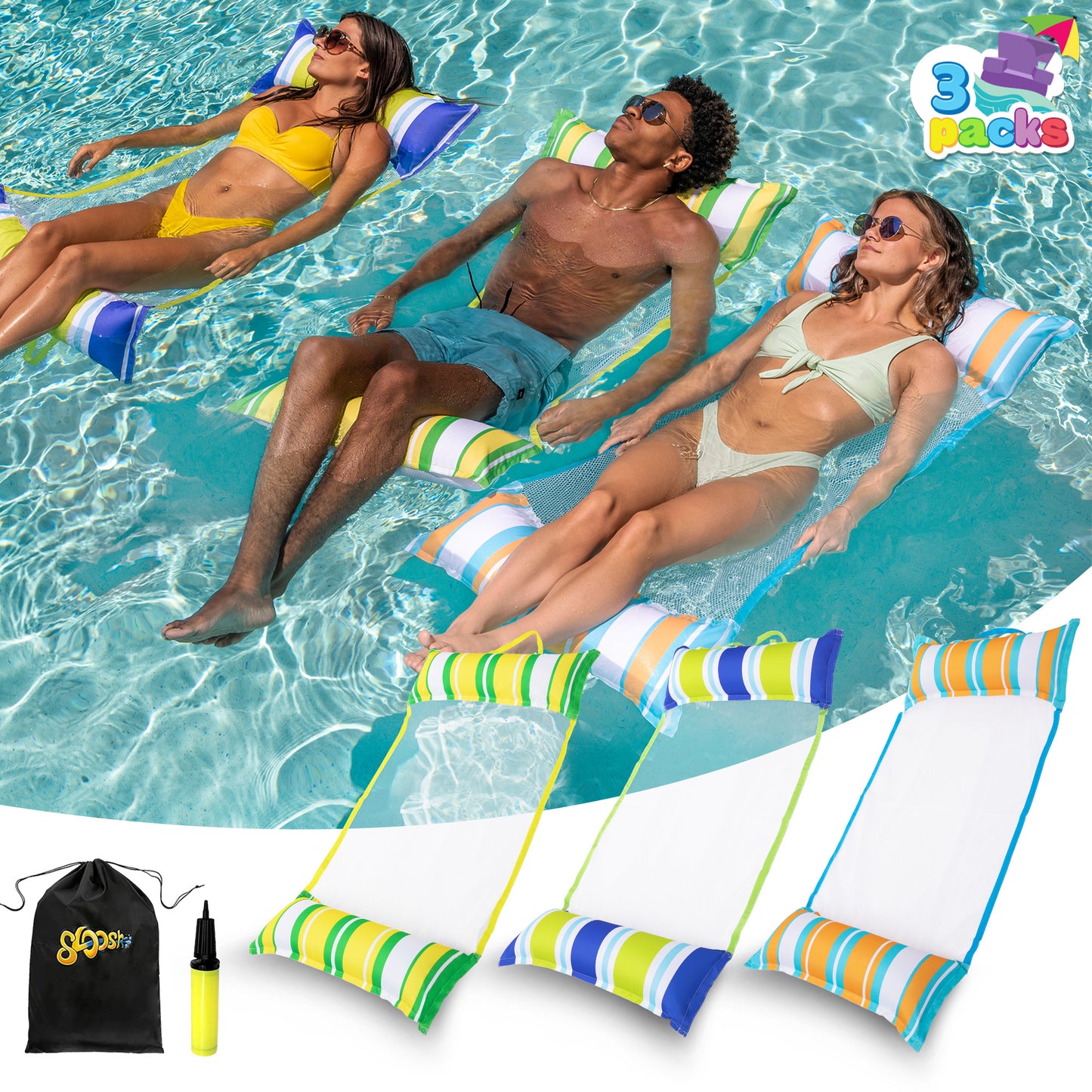 Syncfun 3 Packs Inflatable Pool Float Hammock, Water Hammock Lounges, Multi-Purpose Swimming Pool Accessories (Saddle, Lounge Chair, Hammock, Drifter) for Pool, Lake, Outdoor, Beach