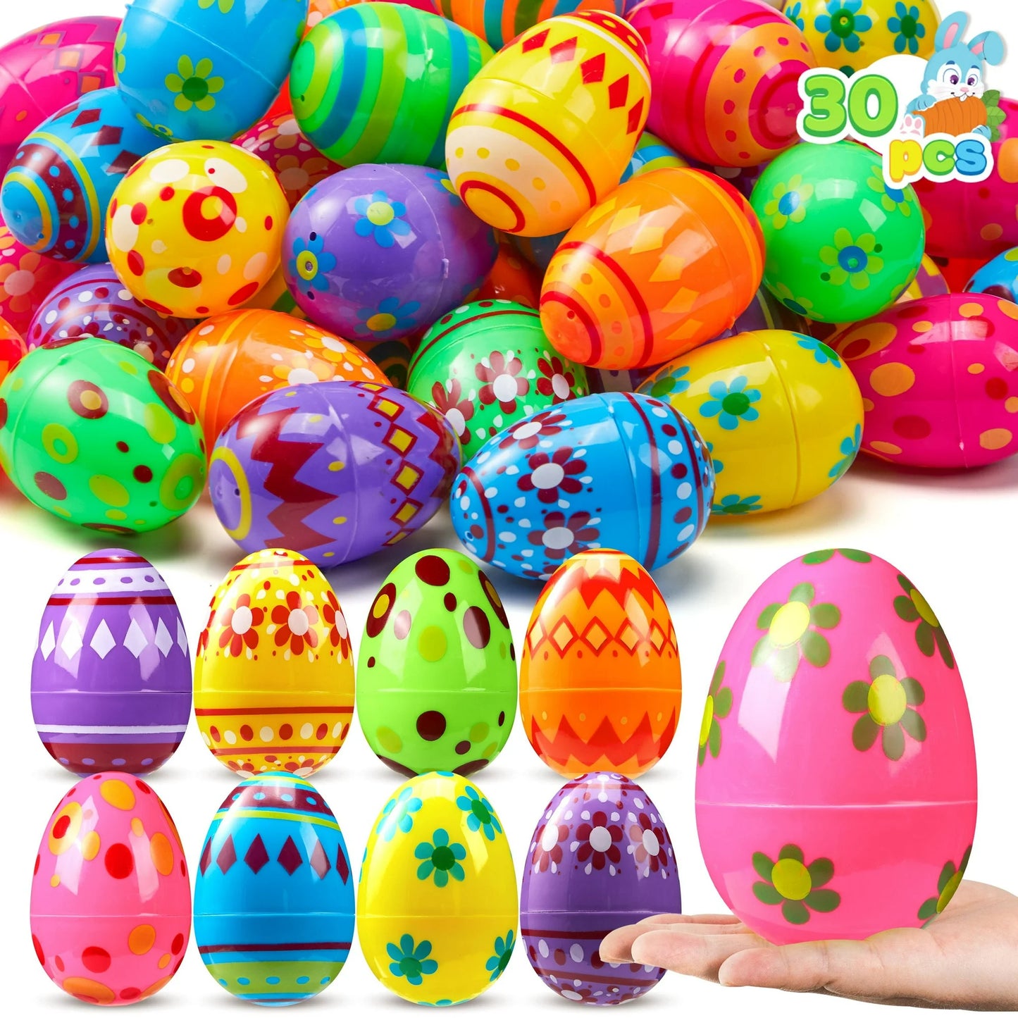 Joyfy Easter Eggs Plastic,30 Pcs 3.15" Printed Plastic Eggs for Easter,Fillable Empty Eggs Bulks,Easter Basket Stuffers,School Classroom Prizes