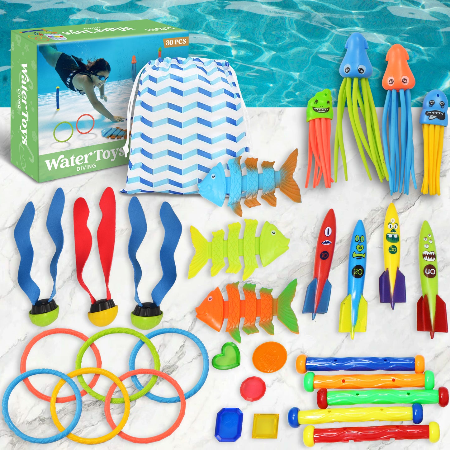 Syncfun 30 Pcs Diving Pool Toys for Kids, Jumbo Set with Storage Bag Pool Games Summer Swim Water FishToys