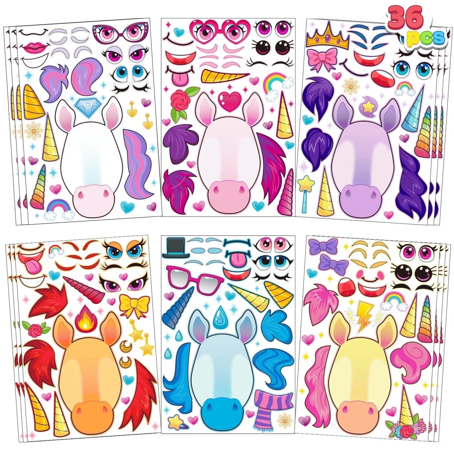 SYNCFUN 36 Pcs Unicorn Stickers for Kids Make-a-Face Sticker Sheets 9.8"x6.7" Make Your Own Animal Mix and Match Stickers, Birthday Holiday Party Favor Craft Gifts for Girls & Boys