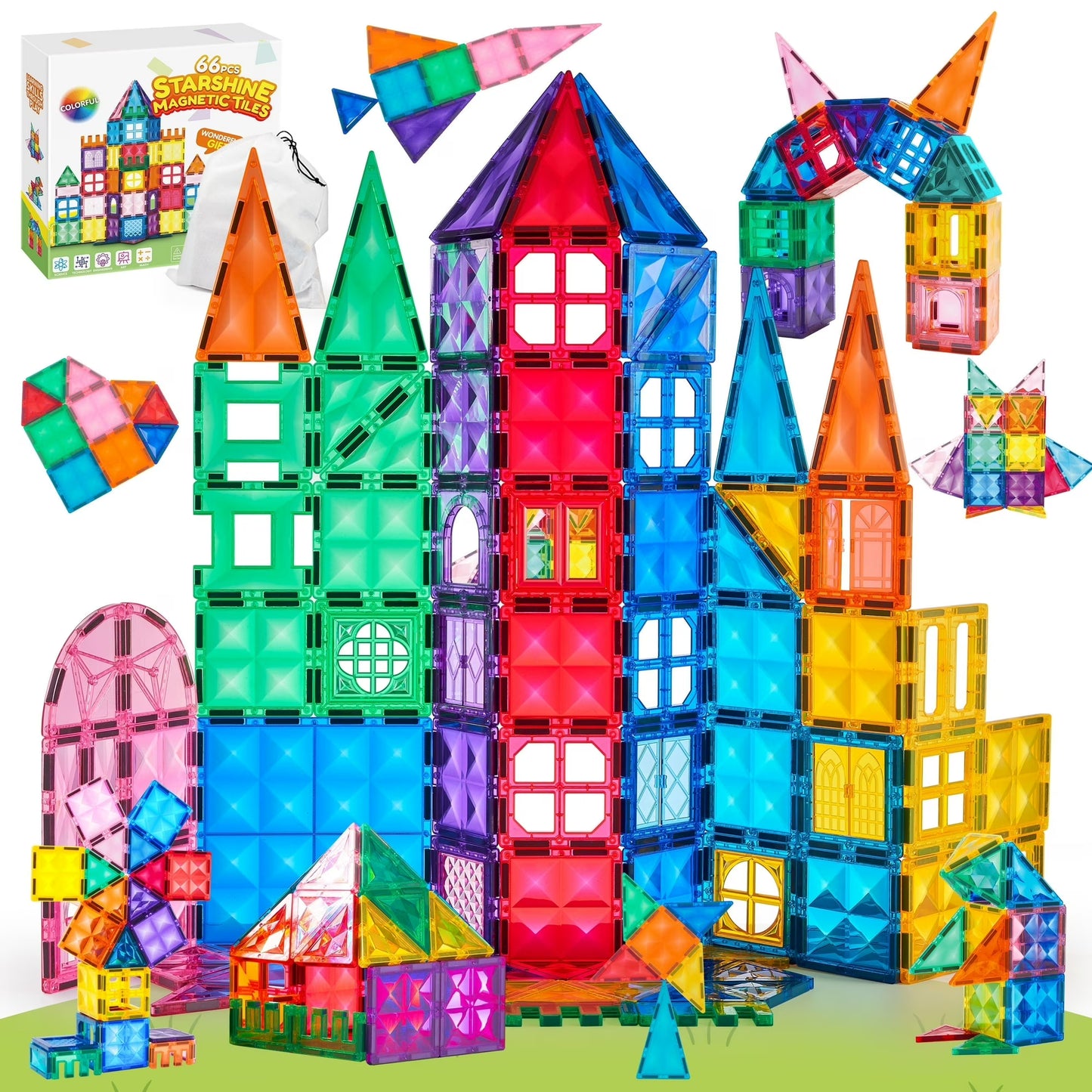 Joyfy 66 Pcs Starshine Magnet Tiles Stem Toys 2D & 3D Magnetic Building Blocks for Kids Ages 3-5 4-8, Preschool Learning Educational Gift for Birthday