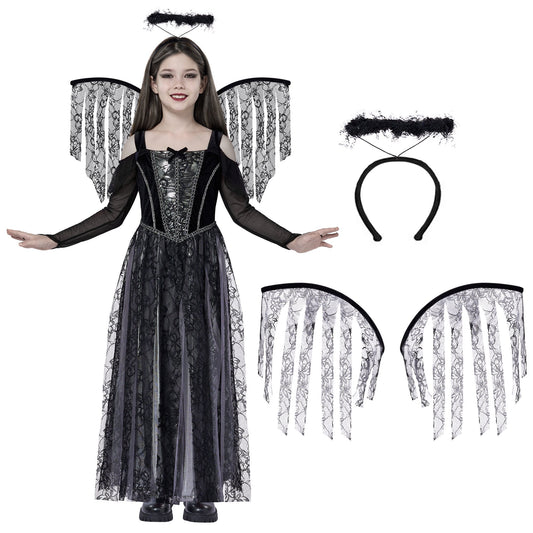 Syncfun Angel Costume for Kids, Angel Black Dress With Wing Headband Halloween Devil Costume Set for Girls Halloween Party Dress Up 8+