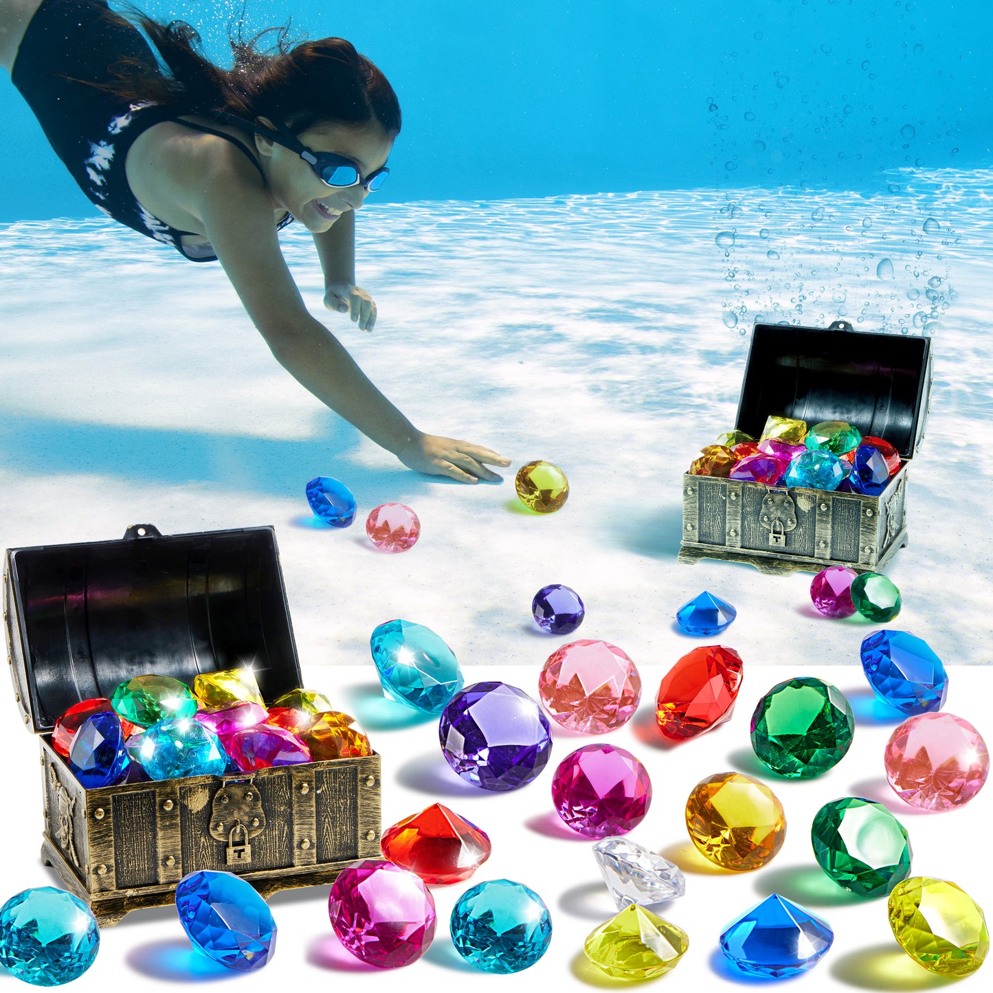 Syncfun Diving Gems Pool Toys, 16 Big Colorful Diamonds with Pirate Treasure Chest, Little Mermaid Swim Dive Diving Toy for Kids Toddlers