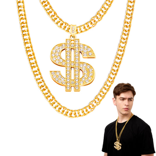 SYNCFUN Halloween Necklace Gold Dollar Chain,Plastic Chunky Fake Mens Women Chain,80s 90s Hip Hop Gold Jewlery Outfits Accessory,Halloween Props Costume