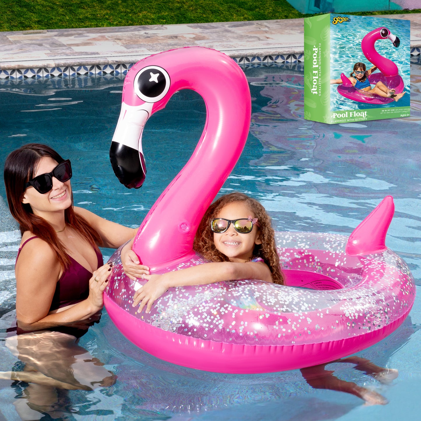 Syncfun Inflatable Flamingo Pool Floats, Pink Flamingo Pool Tube Swim Ring Floaties with Glitter for Adults Kids, Fun Beach Lake Floaty Raft, Summer Swimming Pool Toys Party Decorations