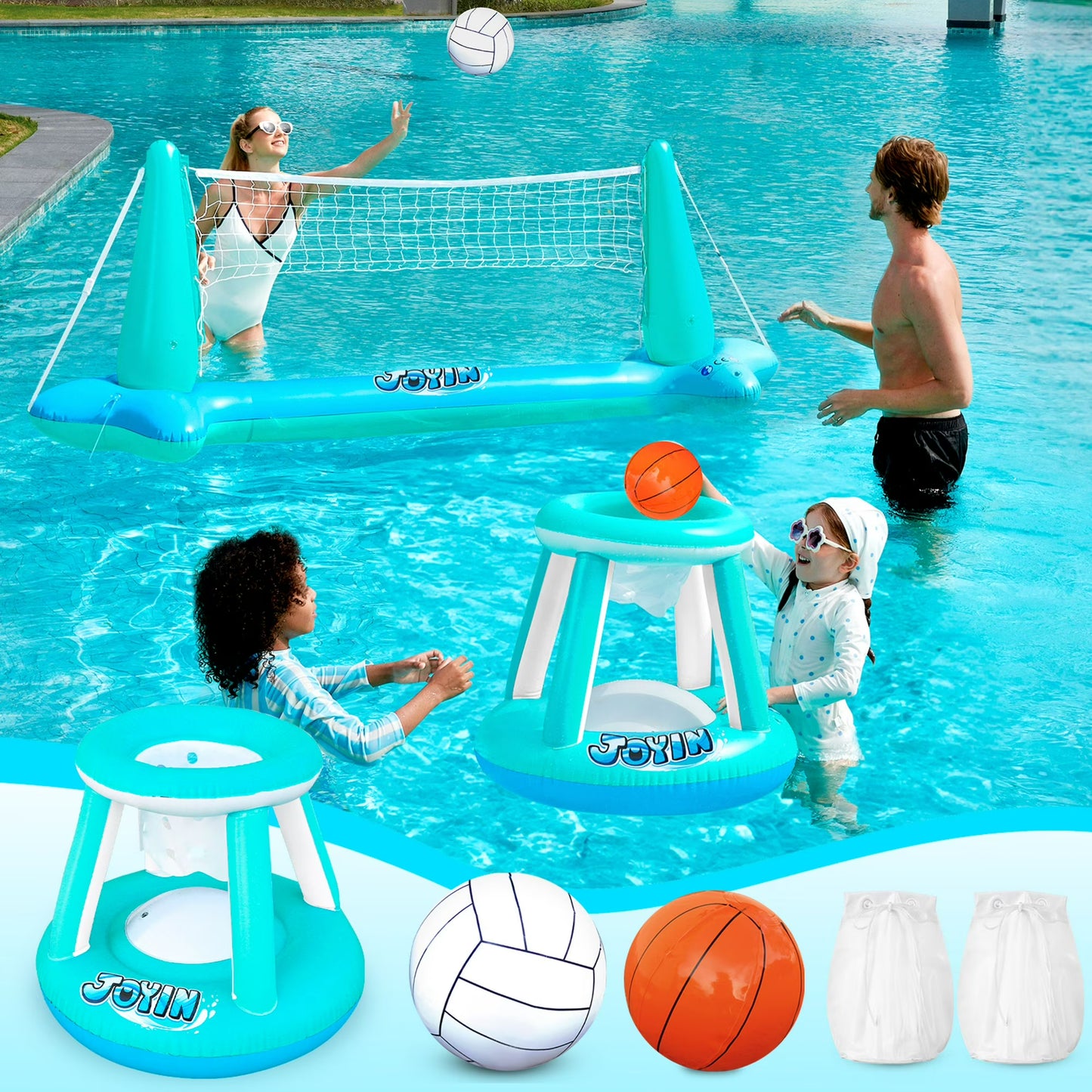 Joyfy Inflatable Pool Float Set Pool Volleyball Net & Basketball Hoops, Summer Pool Toys for Kids and Pool Game Adults, Volleyball Court 105¡±x28¡±x35¡±|Basketball 27¡±x23¡±x27¡±,L-Blue