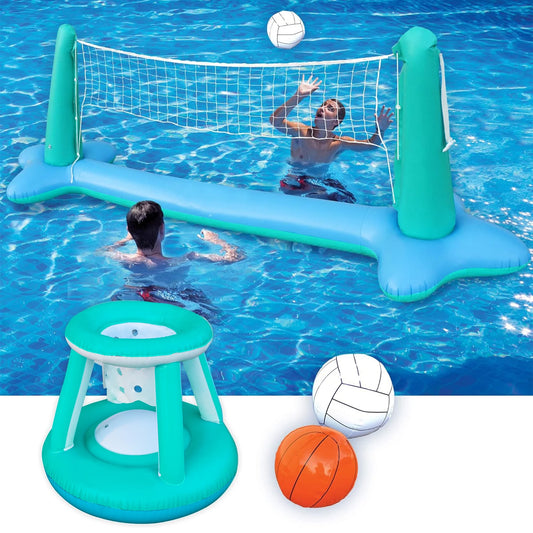 Syncfun Inflatable Pool Float Game Set with Inflatable Volleyball Net & Basketball Hoops, Summer Pool Game for Kids and Adults - Blue
