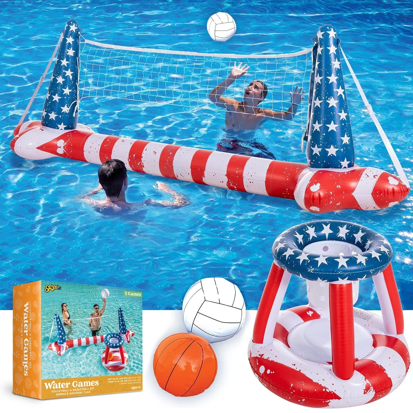 Syncfun Inflatable Pool Floats Set American Flag Volleyball Net & Basketball Hoops, Summer Swimming Pool Game Toy for Adults & Kids