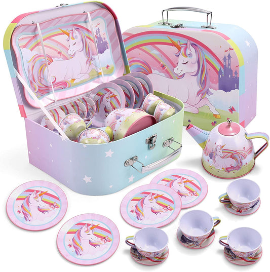 SYNCFUN Kid Tea Set, Unicorn Tea Party Set for Girls, Princess Pretend Play Tin Teapot Set Kitchen Toy for Kids Toddlers 2 3 4 5 6 Years Old, Pink