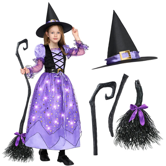 Syncfun Light Up Witch Costume Set for Girls, Starry Witch Dress with Broom Belt Hat for Kids and Toddlers, Perfect for Halloween Party Dress-Up Cosplay (5-12 Years)