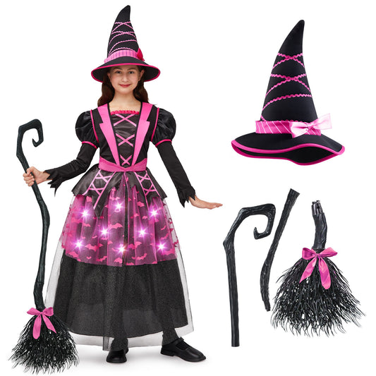 Syncfun Light Up Witch Costume Set for Girls, Starry Witch Dress with Broom Hat for Kids and Toddlers, Perfect for Halloween Party Dress-Up Cosplay Age up to 3