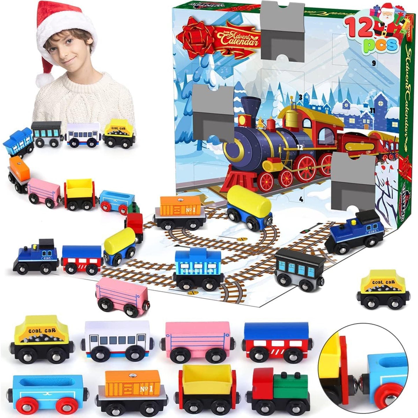 Joyfy 2025 Christmas Advent Calendar, Countdown Calendar with 12 PCS Wooden Train Cars Magnetic Train Sets,12 Days Cars Advent Calendar for Boys Kids, Christmas Party Favors,Classroom Prizes Gift