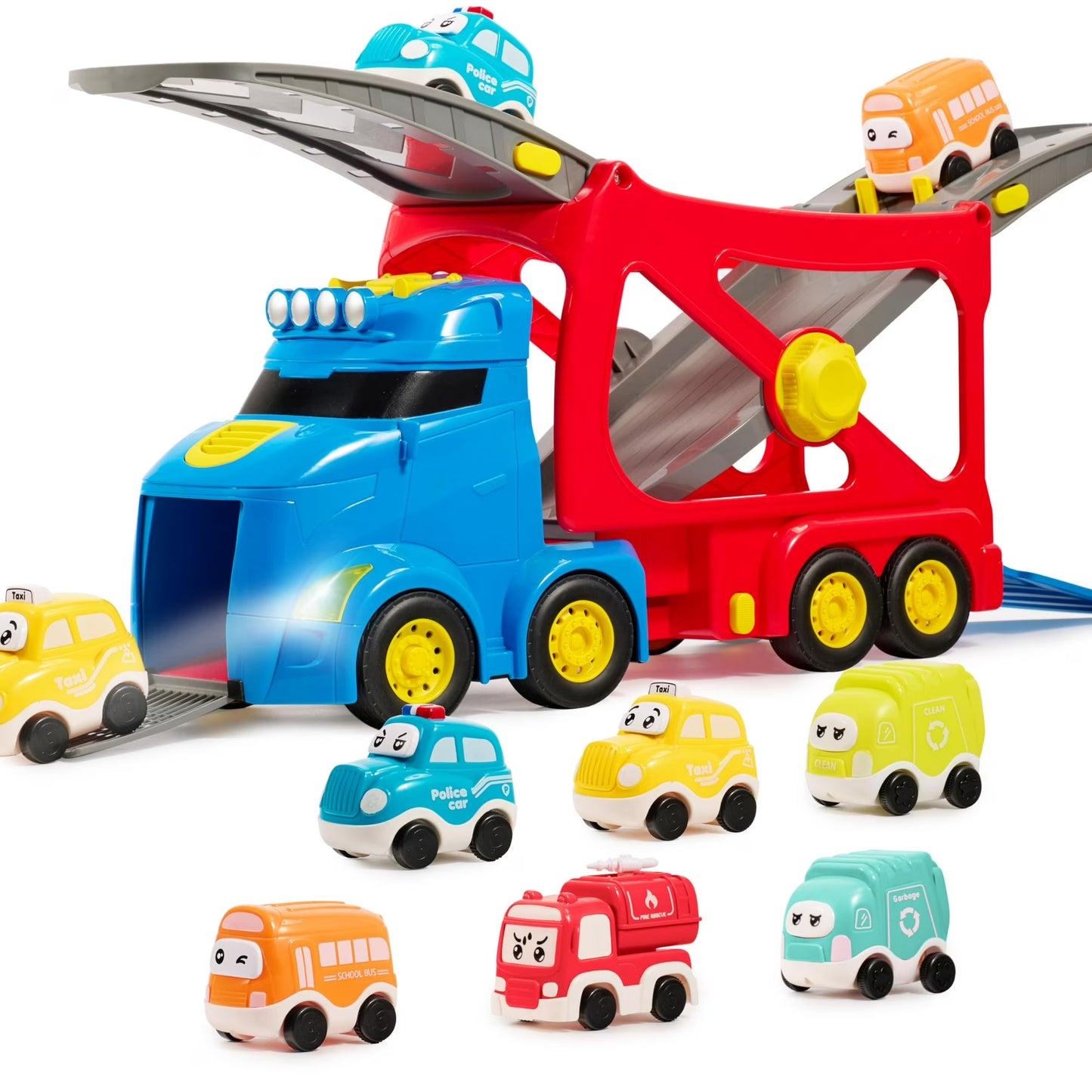 VROOMIX by JOYIN 3-Layer Extra Large Construction Truck Toys for Boy Girls, 7-in-1 Big Transport Vehicle Carrier Truck with Directional Tracks, Siren & Lights, 6 Cars, Chrismas Birthday Gifts for 3+