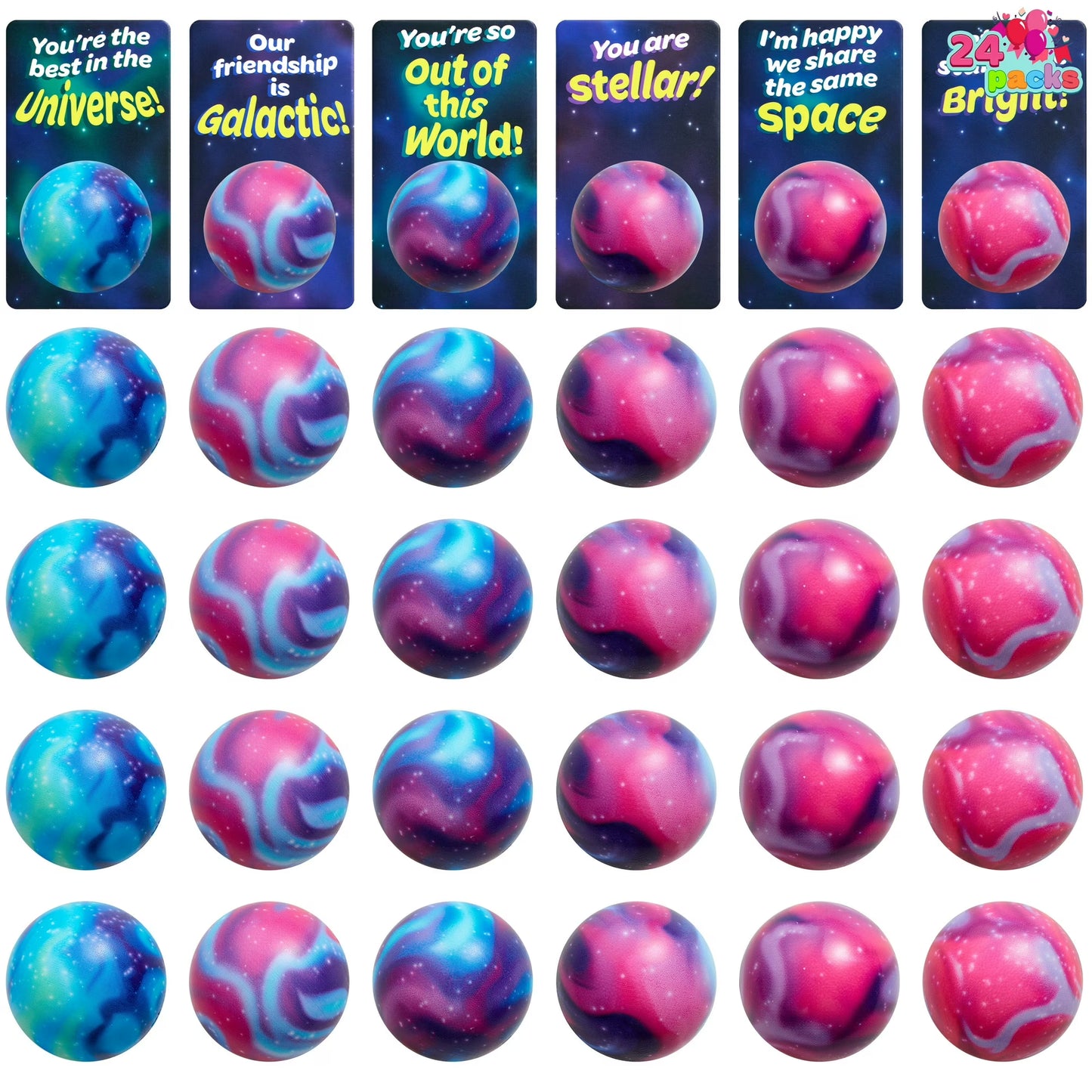Joyfy 24 Packs Valentines Cards with Galaxy PU Stress Balls,Figure Stress Balls Squeeze Foam Balls Bouncy Balls Toys for Valentines School Class Exchange Card, Party Favors