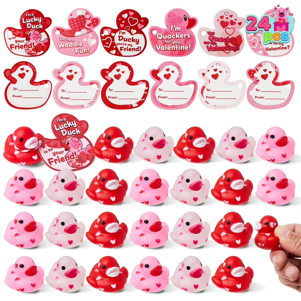 Joyfy 24 Pcs Valentine¡¯s Day Gift Cards with Rubber Duck for Kids,Mini Rubber Duck Bath Toys for Classroom Exchange Prizes, Valentine Party Favors Toys