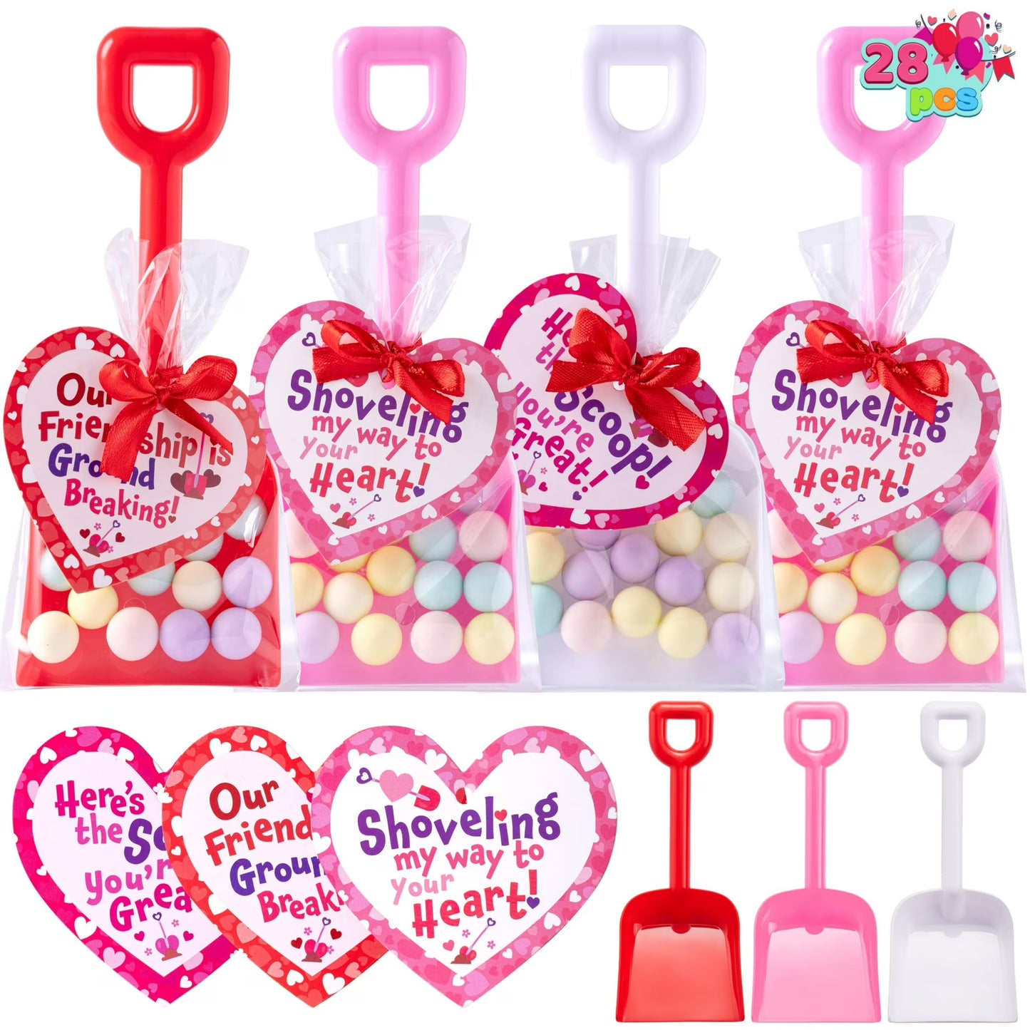 Joyfy 28 PCS Plastic Toy Shovels with I DIG YOU Cards, 28 Candy Bags with Ribbon for Valentine Party Favors Supplies, Valentine Toys, Classroom Exchange Prizes Valentine¡¯s Gifts