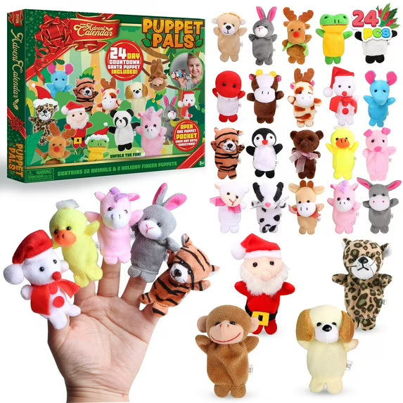 SYNCFUN Christmas Advent Calendar 2024 with Finger Puppets, 24 Days Christmas Countdown Advent Calendar with Plush Animal Finger Puppets for Girls and Kids Party Favors, Classroom Prizes, Xmas Gift