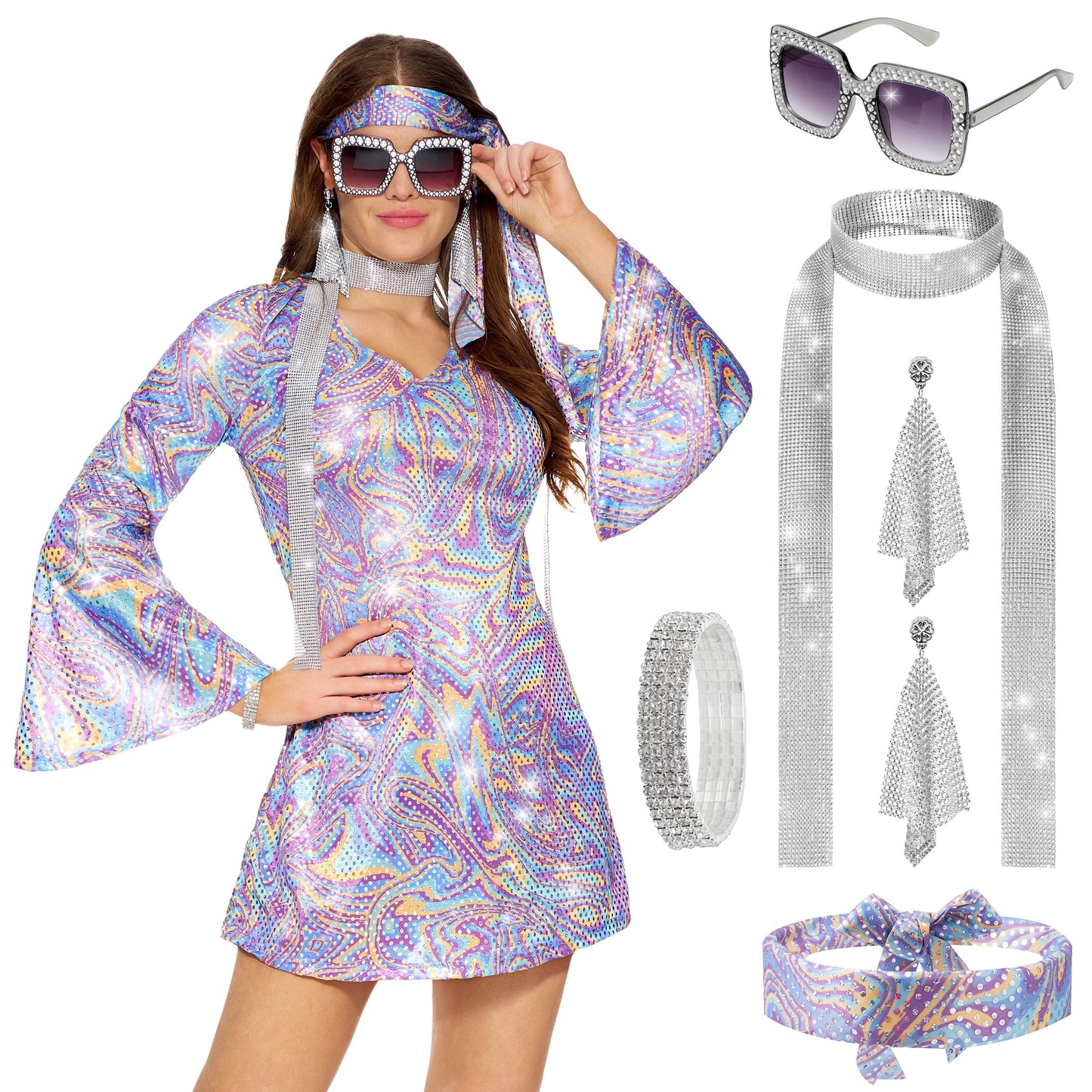 Joyfy 70s Costumes for Women, Halloween Disco Dress with 70s Accessories for Halloween Costumes Cosplay and Dance Parties