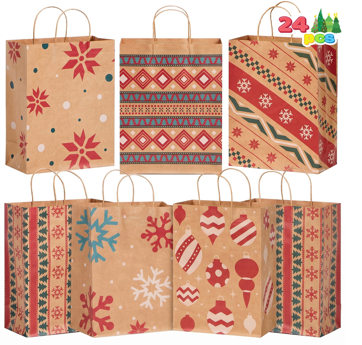 Joyfy 24 Pcs Christmas Kraft Gift Bags Xmas Holiday Paper Goody Bags with Handles for Holiday Presents Wrapping,Giant Gifts Decorations,Classrooms and Party Favors (10 x 13 x 5)