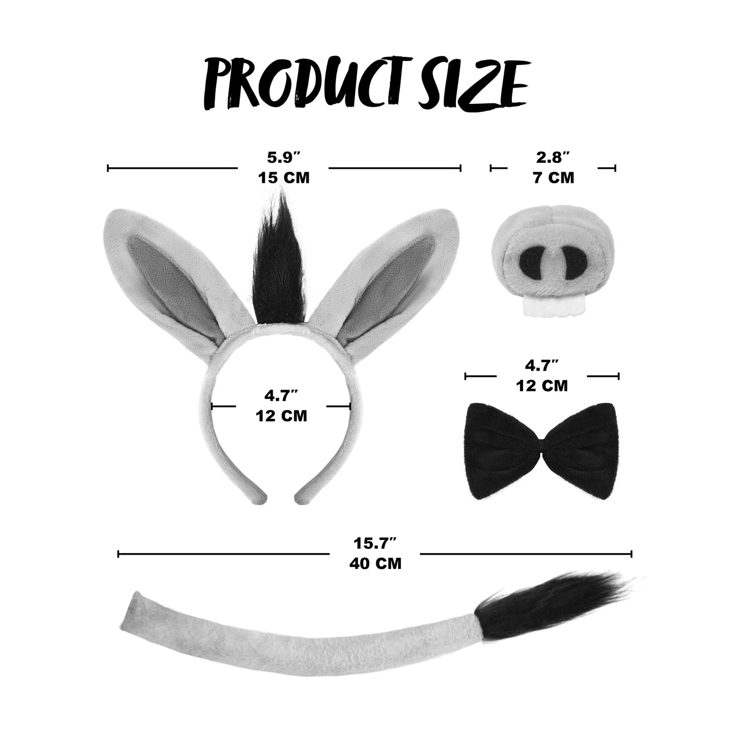 Joyfy Halloween 4 PCS Donkey Costume Accessory Set for Adults and Kids, Cute Donkey Ears Headband, Halloween Animal Costume Accessories Set