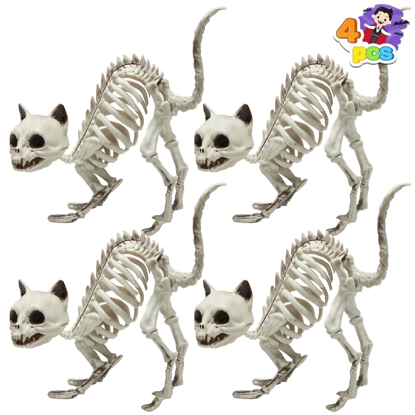 Joyfy 4 Pcs Cat Skeleton Halloween Decoration,7 Inch Posable Plastic Animals Halloween Skeleton for Indoor Outdoor Halloween Decorations,Haunted House Party Props