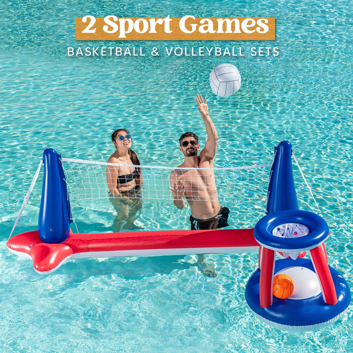 Syncfun Inflatable Pool Float Game Set with Inflatable Volleyball Net & Basketball Hoops, Summer Pool Game for Kids and Adults - Red