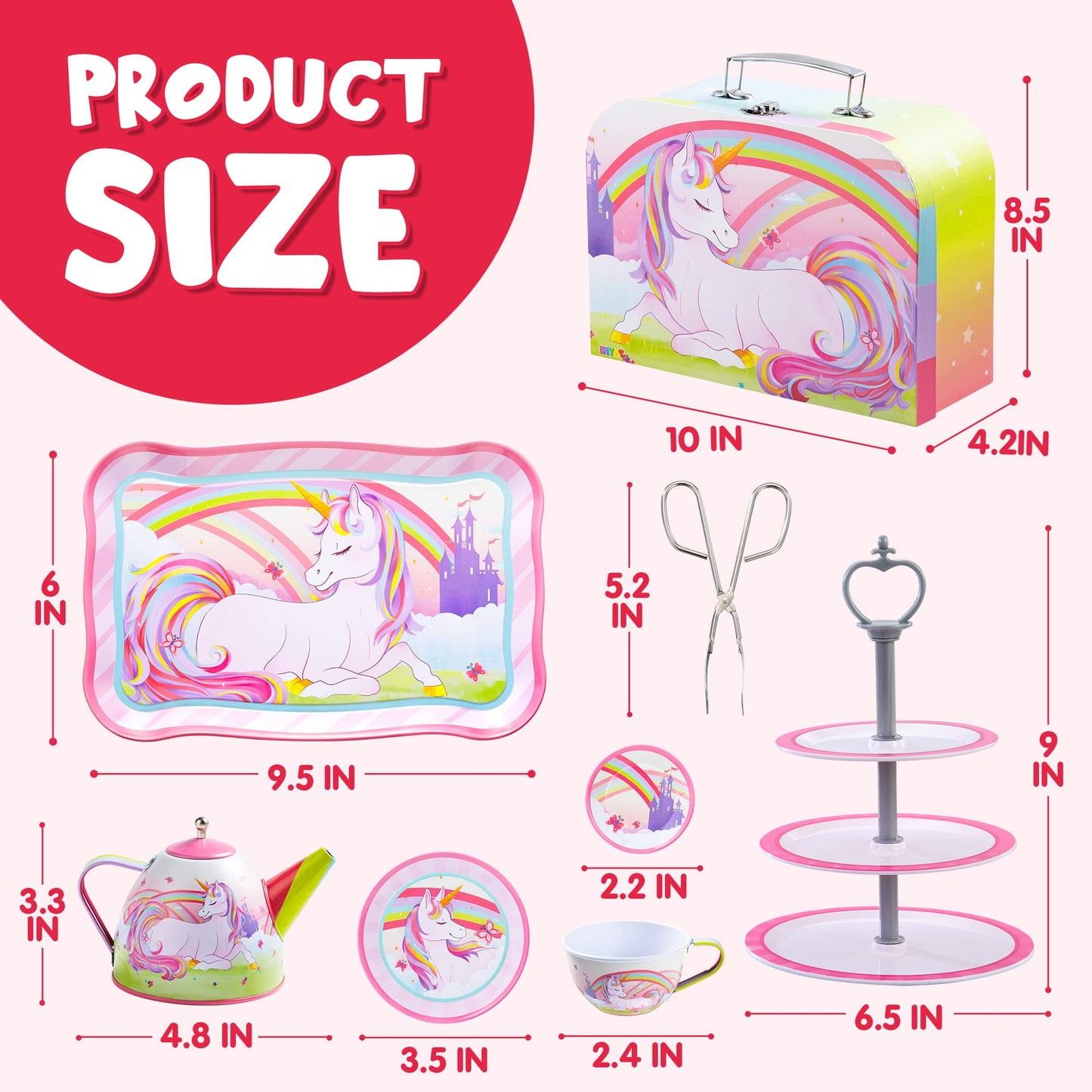 SYNCFUN 35 Pcs Unicorn Tea Set for Little Girls, Pretend Tin Teapot Set, Princess Tea Time Play Kitchen Toy, Birthday Gifts Kids Toddlers Age 3 4 5 6