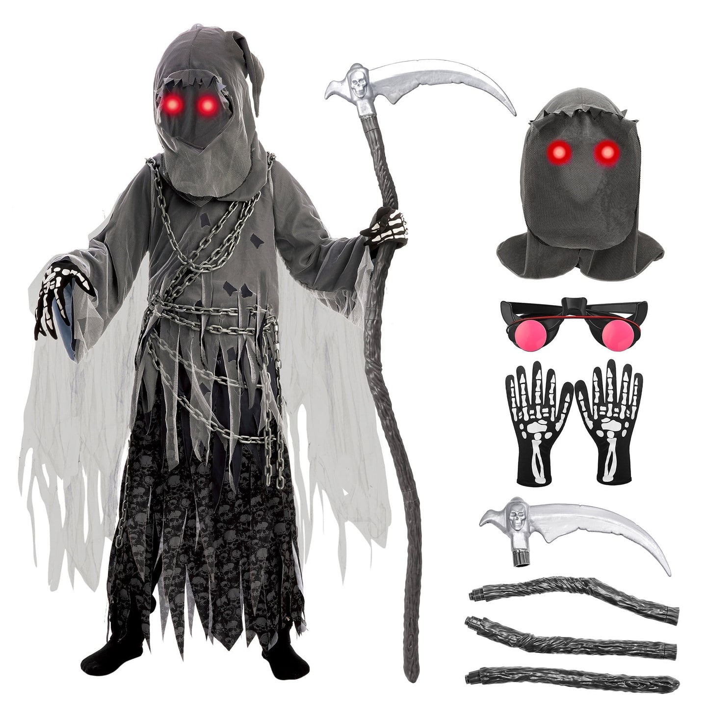 Joyfy Grim Reaper Costume for Kids, Halloween Costume with Glowing Red Eyes for Child Halloween Party Dress Up 8 14 Years